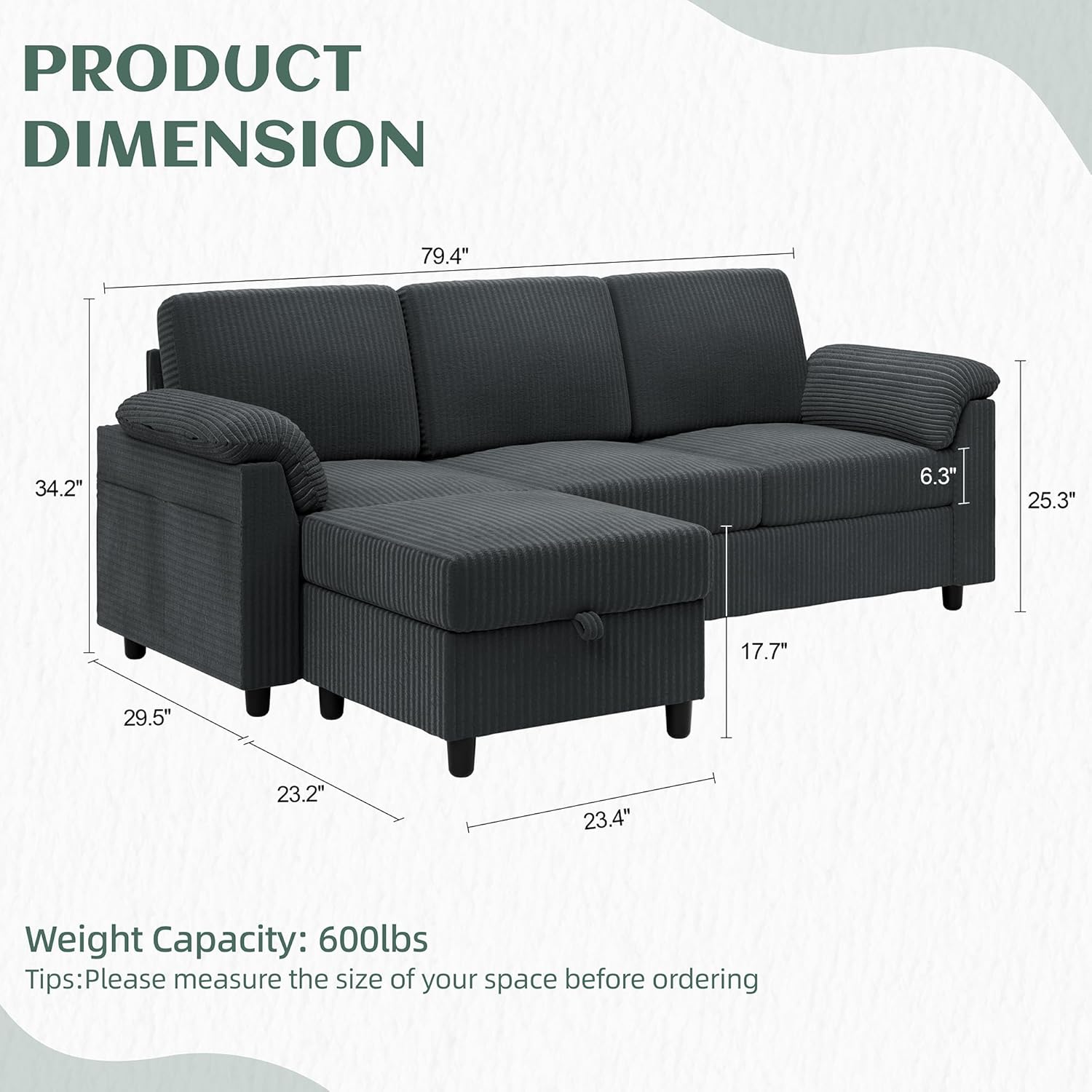 Vongrasig Convertible Sectional Sofa Couch, 3 Seat L Shaped Sofa with Removable Pillows Soft Corduroy Fabric Small Couch Mid Century for Living Room, Apartment and Office (Gray)