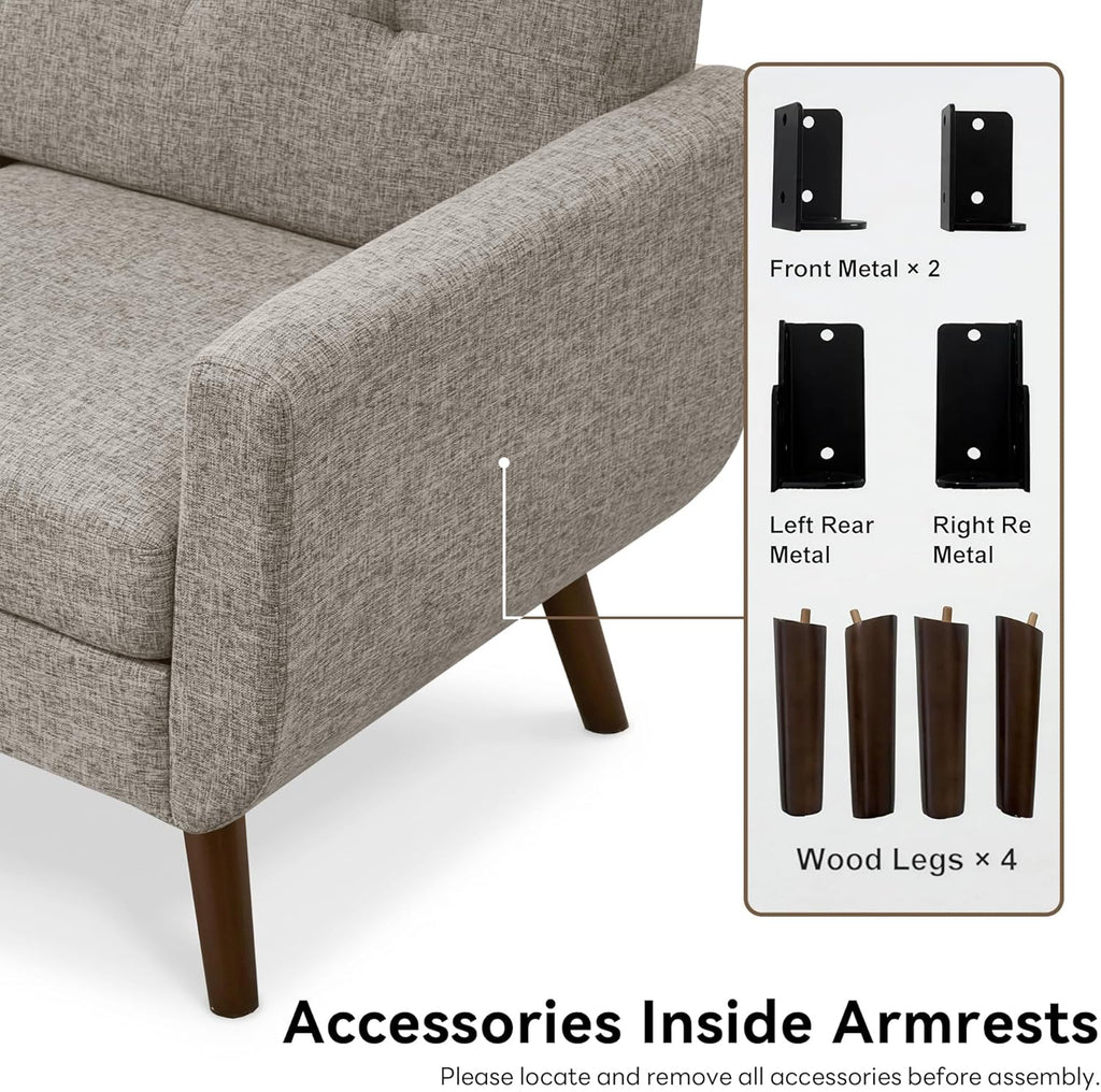 Tbfit 65" W Loveseat Sofa, Mid Century Modern Love Seat Couches for Living Room, Button Tufted Upholstered Small Couch for Bedroom, Solid and Easy to Install Love Seats Furniture, Grey | linen fabric, button tufted, solid wood foot, pocket spring, wo