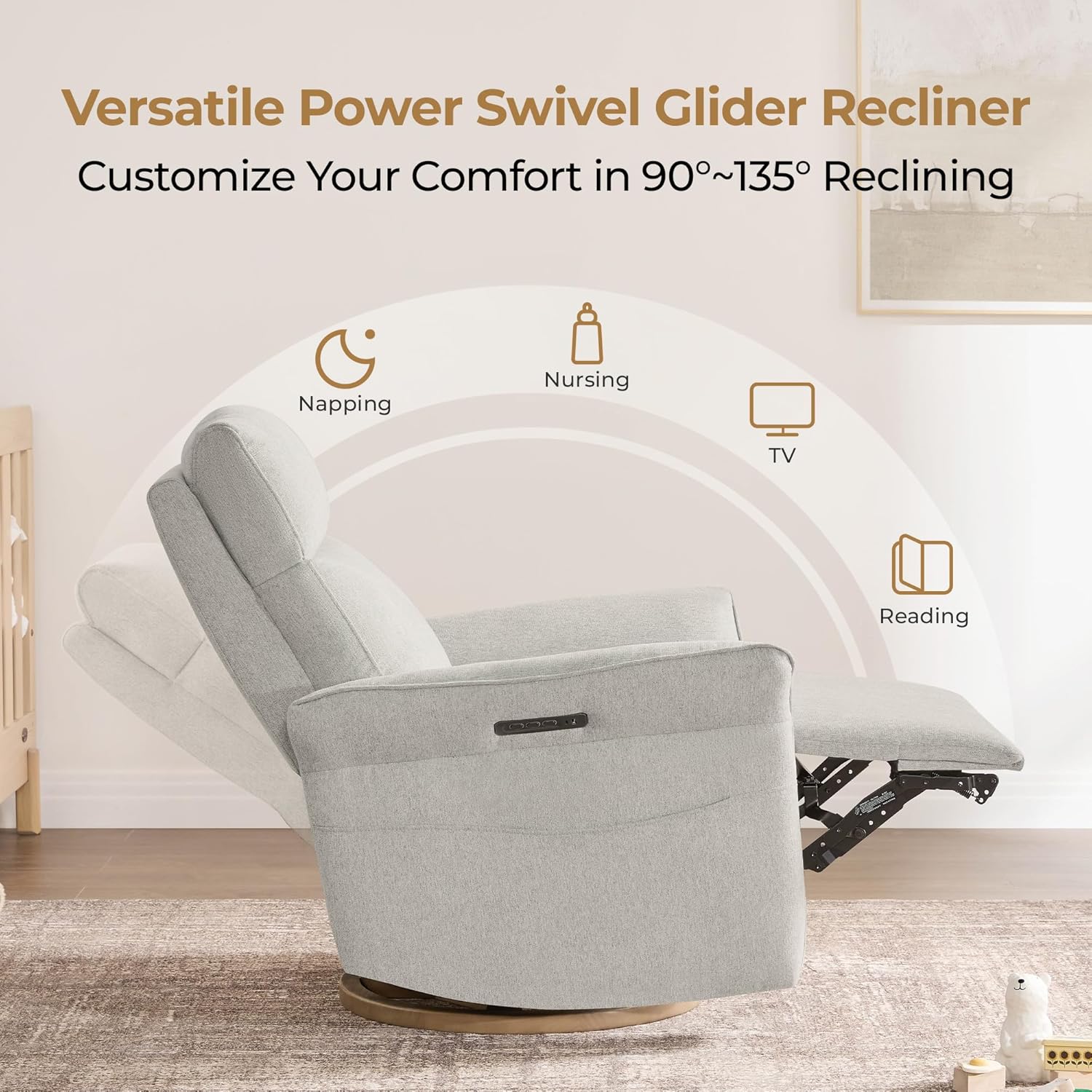 CHITA Power Recliner Chair, Electric Triple-Motor Swivel Glider Nursery Rocking Chair with Adjustable Power Headrest and Lumbar Support, GREENGARD Gold Certified, Solid Wood Base, Crockery Grey