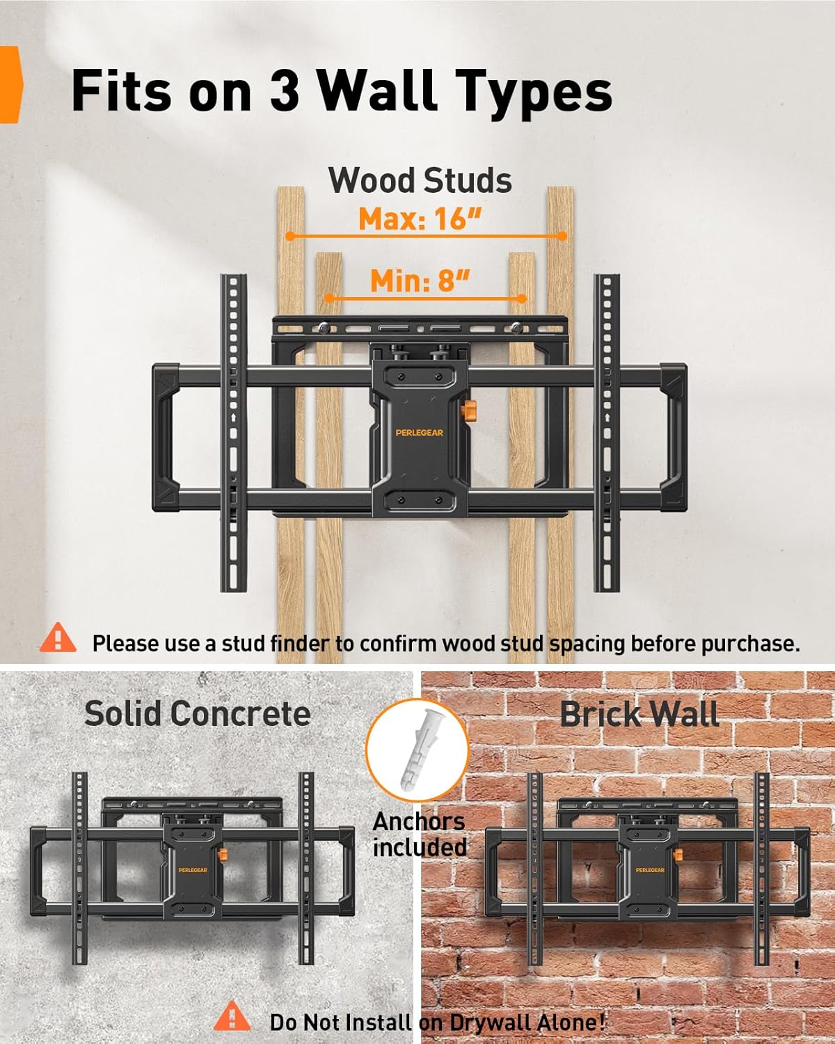 Perlegear UL Listed Full Motion TV Wall Mount for 42-90" TVs up to 132lbs, Heavy Duty TV Mount with Dual Articulating Arms, Tool-Free Smooth Tilt, Swivel, Fits 16" Studs, Max VESA 600x400mm, PGLF8