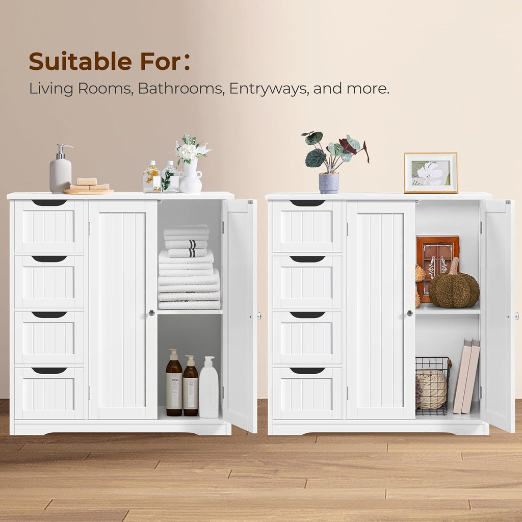 Yaheetech Wooden Bathroom Floor Cabinet, Side Storage Organizer Cabinet with 4 Drawers & Double Doors, Freestanding Entryway Storage Unit Console Table, Bathroom Furniture Home Decor, White
