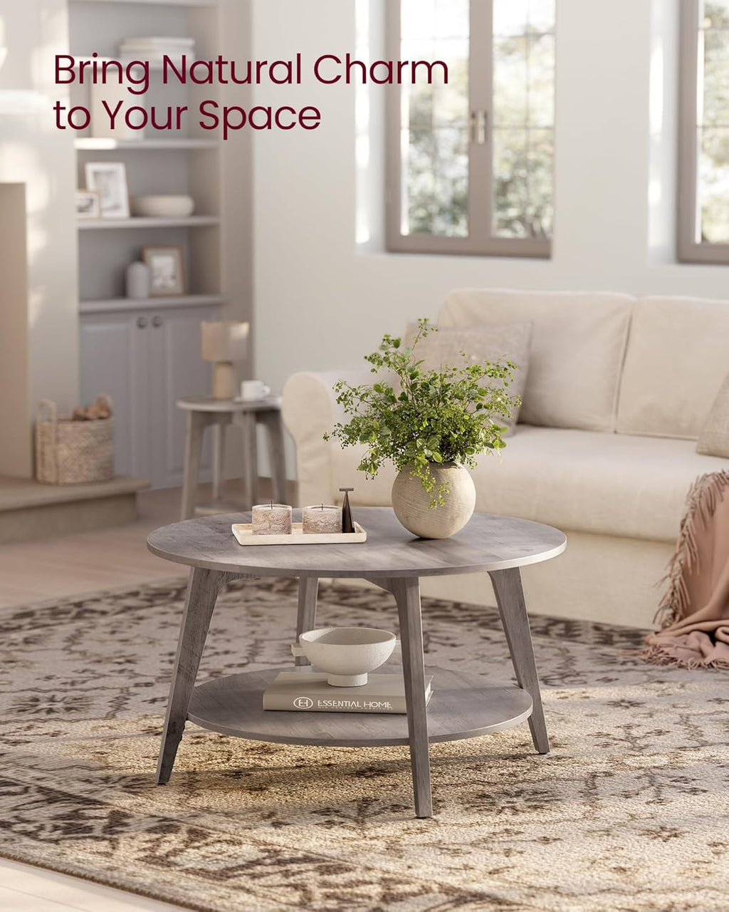 VASAGLE MAEZO Collection - Round Coffee Table, 2-Tier Center Table with Storage, Tapered Legs, Curved Transitions, 31.5 Dia. x 17.7 H Inches, Easy Assembly, for Living Room, Heather Greige ULCT243K02