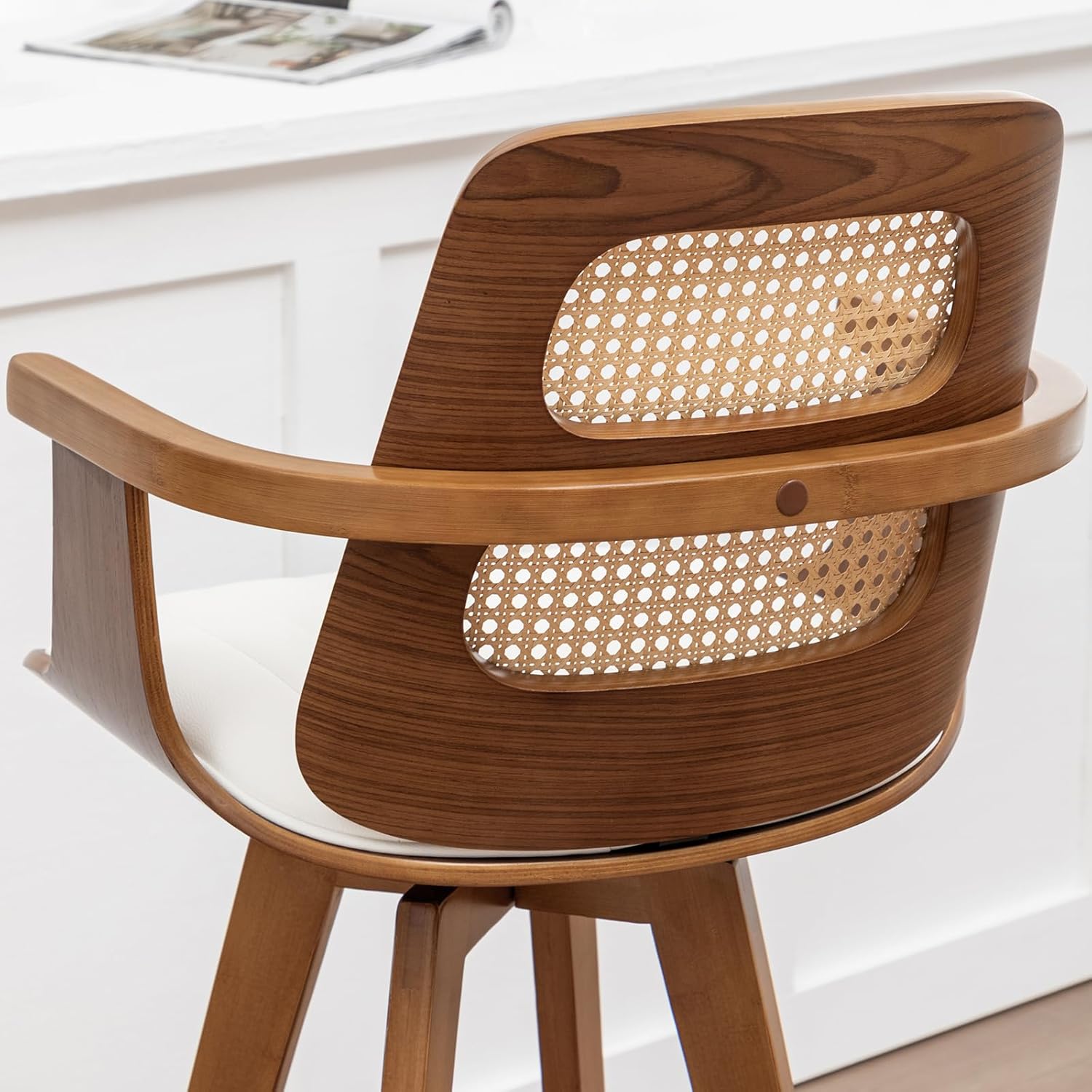 Counter Height Stools Set of 2, 26.3" Seat Height 360° Swivel Stools with Ergonomic Rattan Back, Faux Leather Seat, Bamboo Legs with Walnut Finish, Mid-Century Style (Cream)