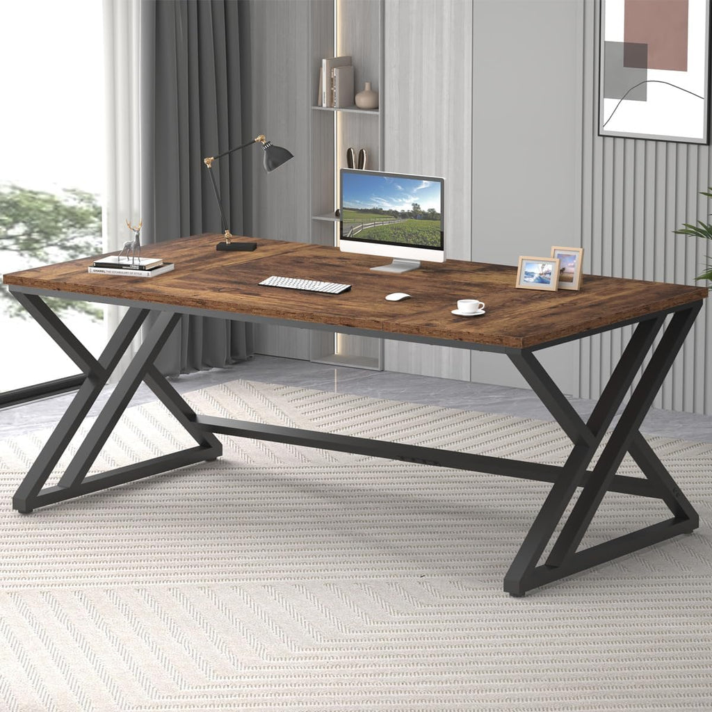 LVB 70.8" Computer Desk, Industrial Extra Long Wood Home Office Desk, Large Rustic Modern Metal Workstation Pc Study Writing table, Dual monitor Double Work Executive Desk for Two Person, Rustic Brown