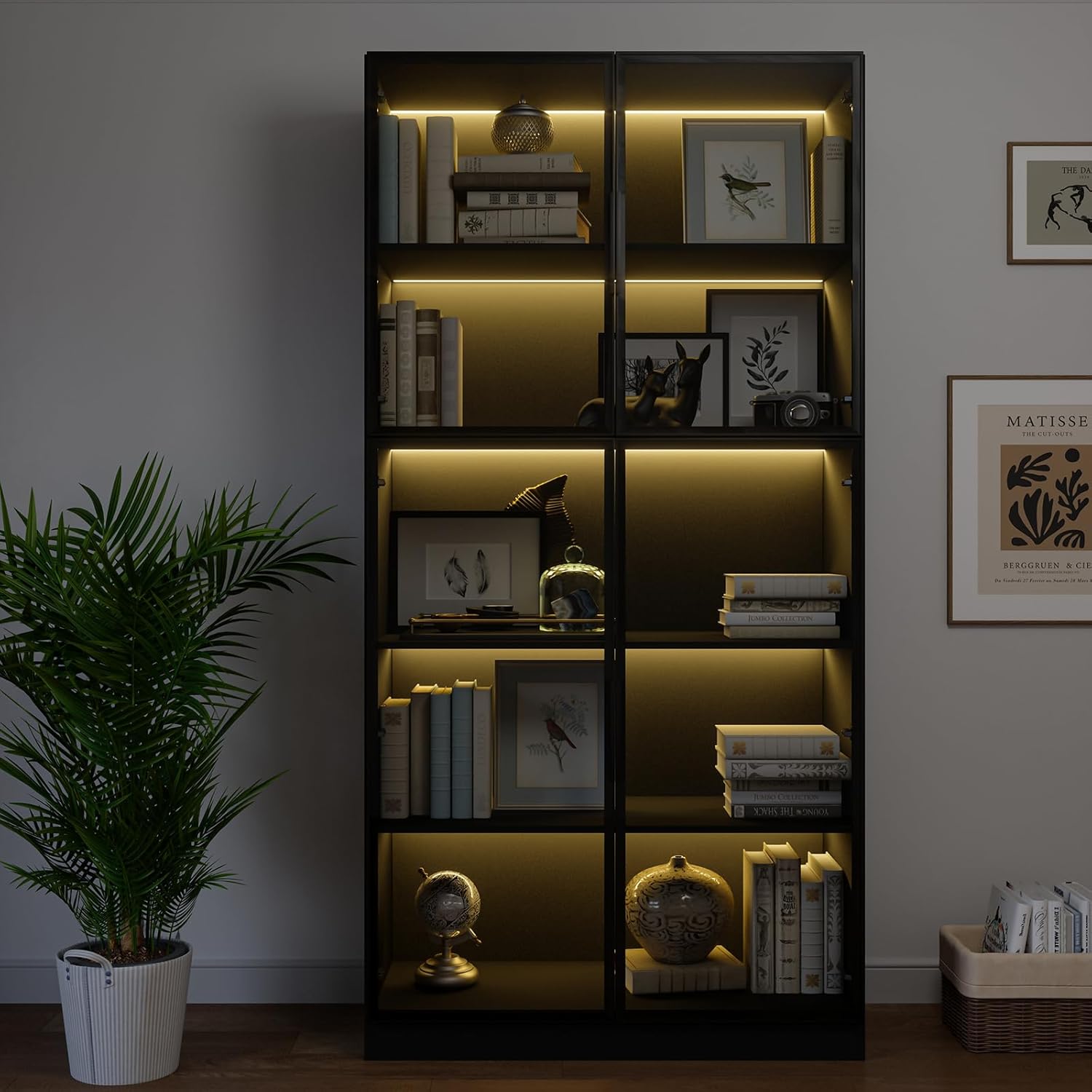 78.7" Display Cabinet with 4 Glass Doors, 5 -Tier Storage Cabinet with APP Control LED Lights, Tall Black Bookcase with Storage, Wooden Display Case for Collectible, Living Room, Office(Black)