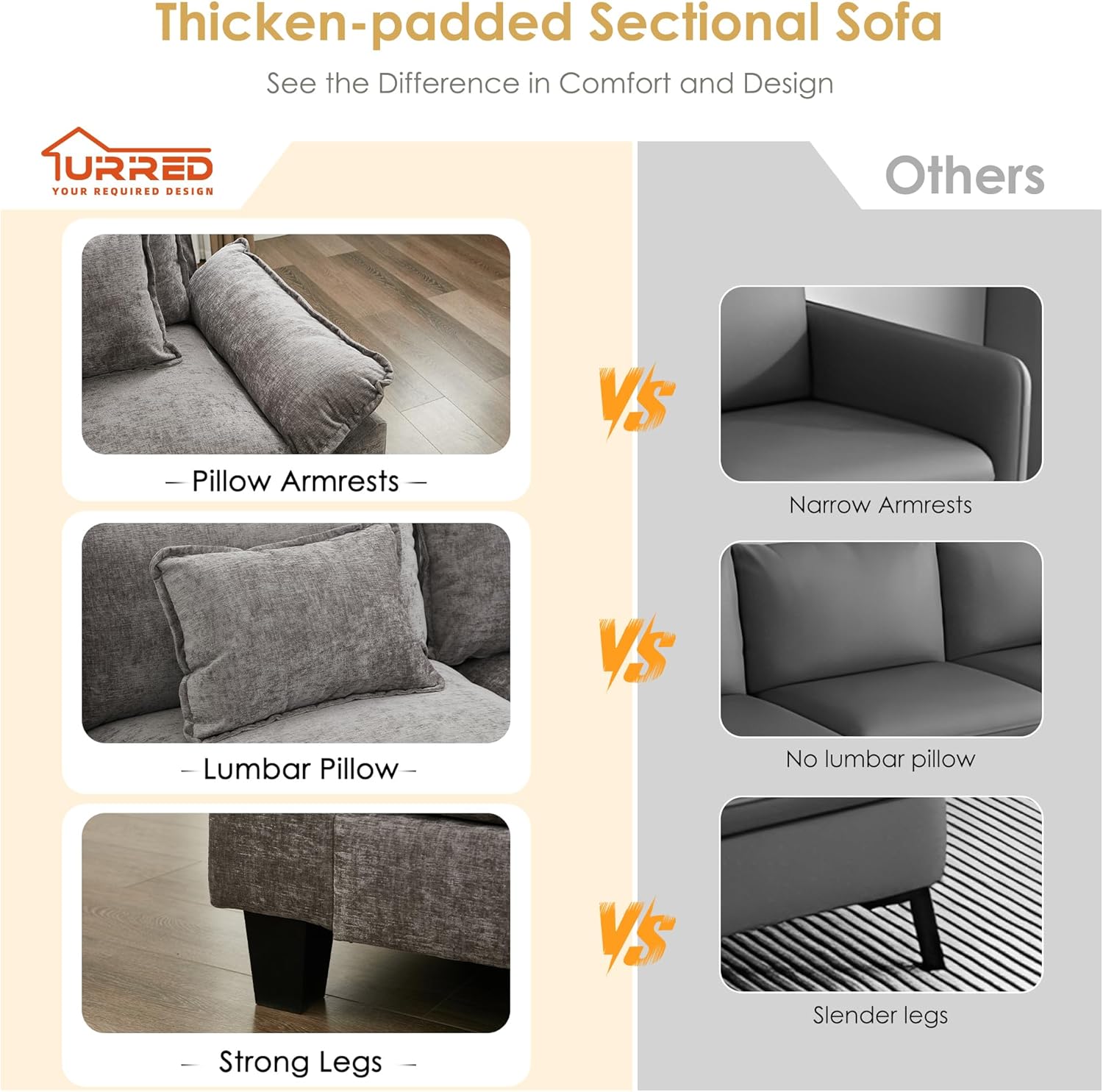 URRED Cloud Couch Modular Sectional Sofa, 87" Modern L Shaped Deep Seat Sofa with Ottoman & Pillows, Ultra Comfy Chenille Couches for Living Room, Bedroom or Apartment, Grey