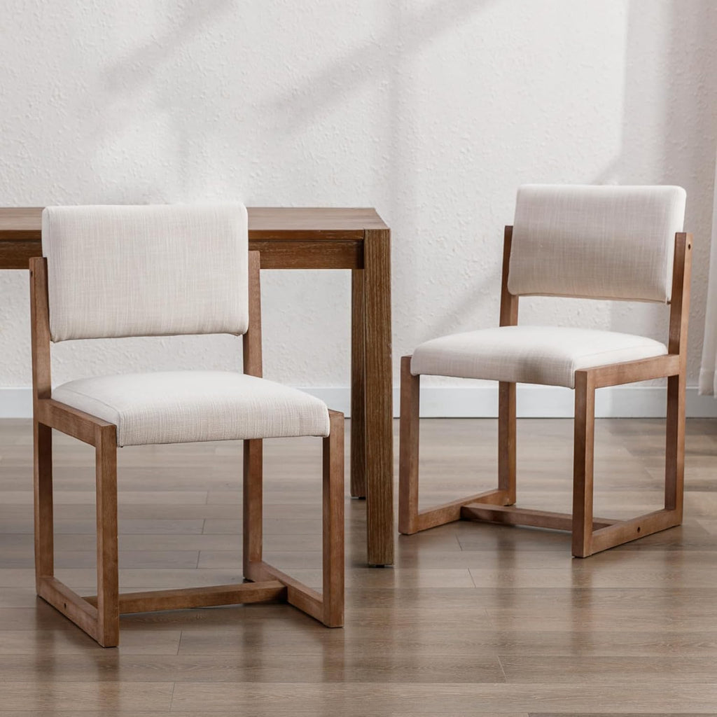 DUOMAY Upholstered Dining Chairs Set of 2, Mid-Century Modern Dining Room Chairs, Linen Fabric Kitchen Side Chairs with Wood Legs, Beige