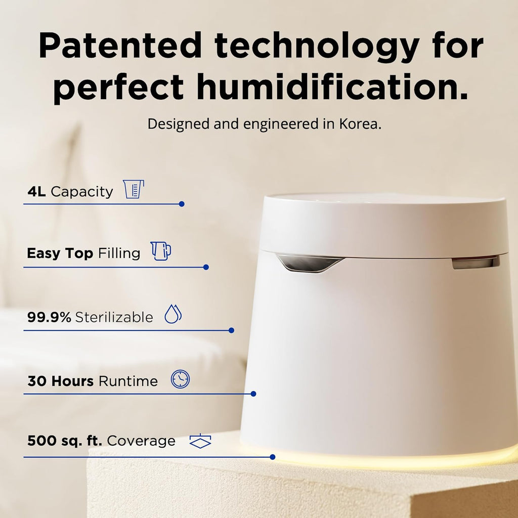 Carepod One Plus Stainless Steel Humidifier for Large Room with Mood Light, Quiet & Safe for Baby, Only 3 Washable Parts, Easy to Clean Ultrasonic Cool Mist Humidifiers for Bedroom for 30Hrs (1Gal/4L)