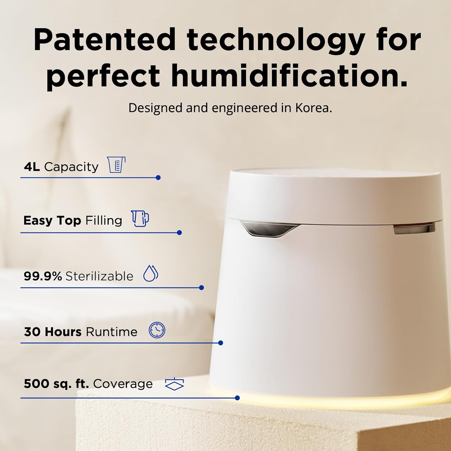 Carepod One Plus Stainless Steel Humidifier for Large Room with Mood Light, Quiet & Safe for Baby, Only 3 Washable Parts, Easy to Clean Ultrasonic Cool Mist Humidifiers for Bedroom for 30Hrs (1Gal/4L)