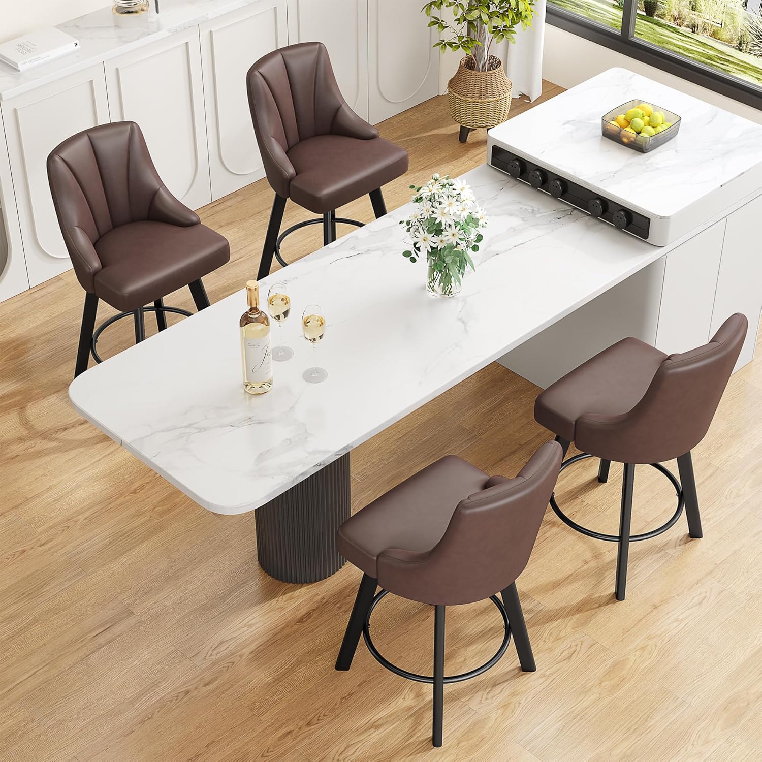 Swivel Bar Stools with Backs, 24" Counter Height Bar Stools Set of 2, PU Leather Upholstered Counter Barstools with Solid Wood Legs for Kitchen Island, Home Bar, Brown