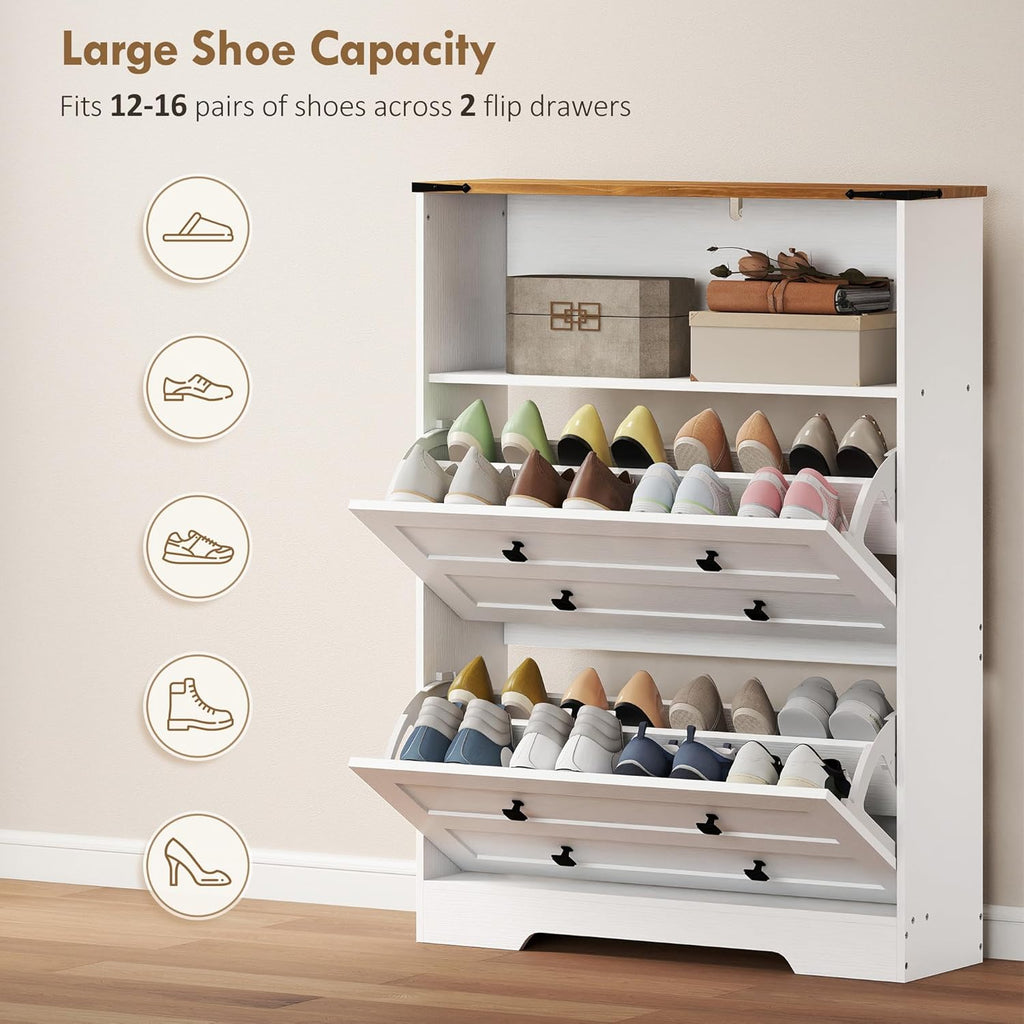 HOMCOM Shoe Cabinet with 2 Flip Drawers, Narrow Shoe Storage Cabinet with Adjustable Shelves and Open Shelf, Farmhouse Storage Organizer for Entryway, Hallway, Holds 12-16 Pairs, White