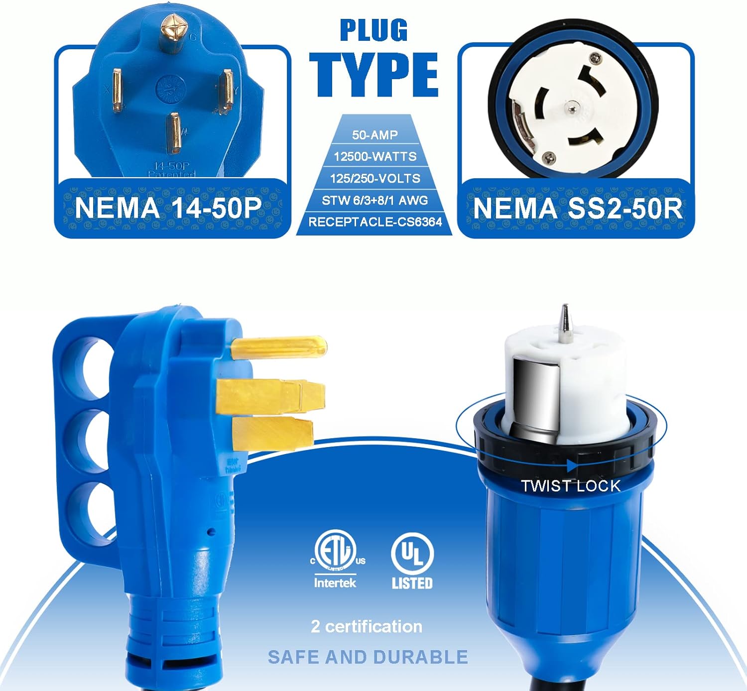 50 Amp Generator Cord and Power Inlet Box  30FT Generator Cords 50 Amp 125V/250V Generator Power Cord NEMA14-50P/SS2-50R Twist Lock Connector