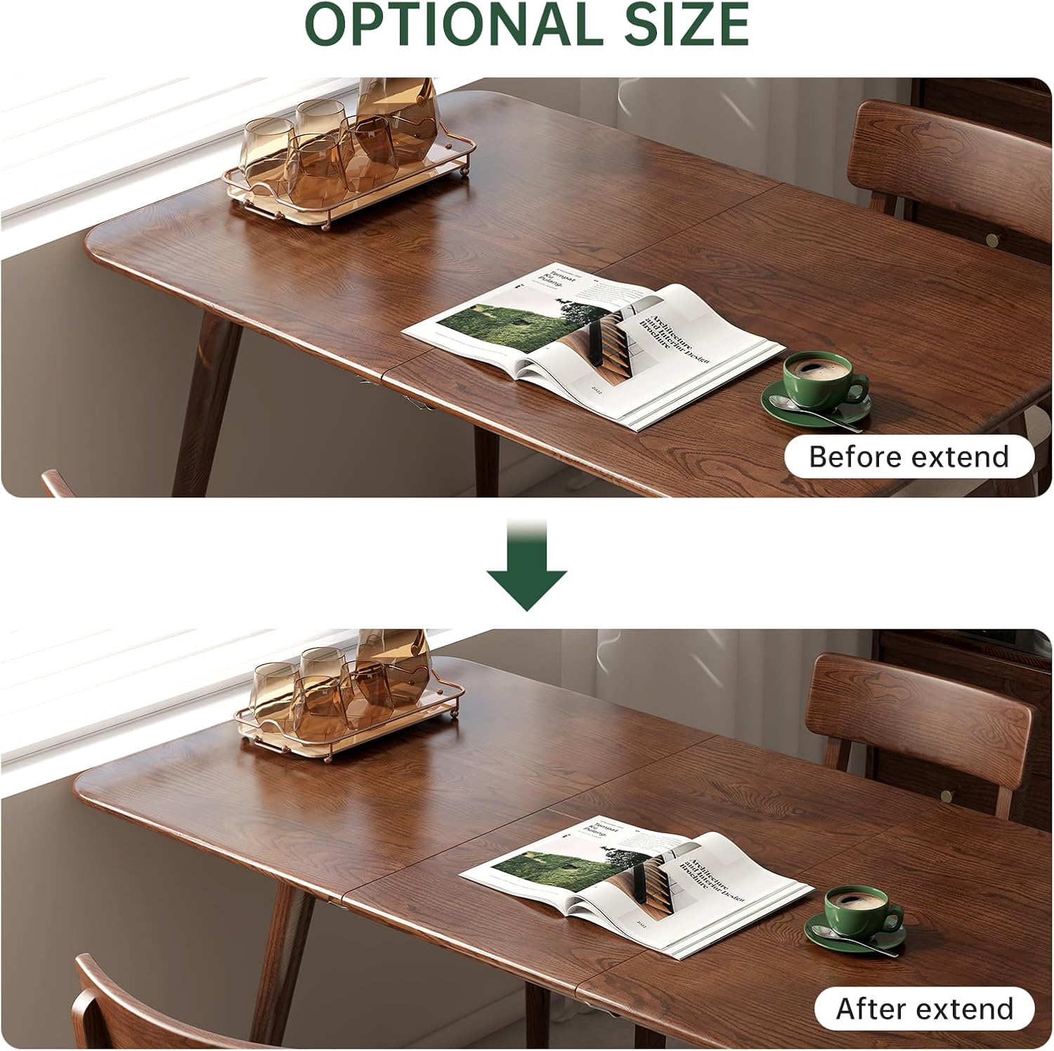47''-63'' 100% Oak Extendable Dining Table, Solid Wood Folding Kitchen Table, Mid Century Modern Dinner Table for Kitchen, Apartment, Living Room (47''-63'' Walnut)
