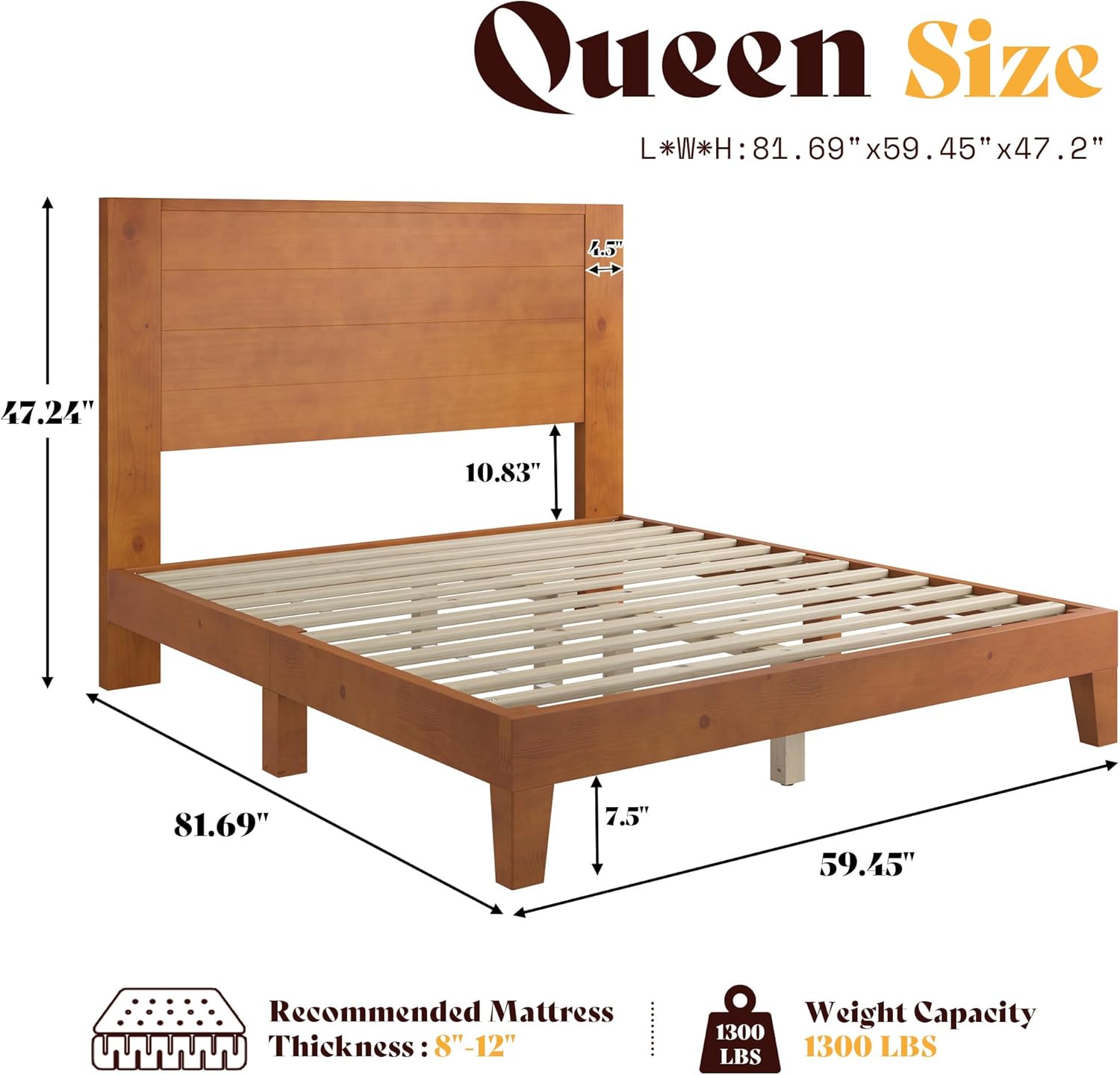 AMERLIFE Queen Sizes Solid Wood Bed Frame with 48" Headboard, Mid Century Modern Platform Bed with Silent Wood Slat System, No Box Spring Needed, Under-Bed Storage, Brown