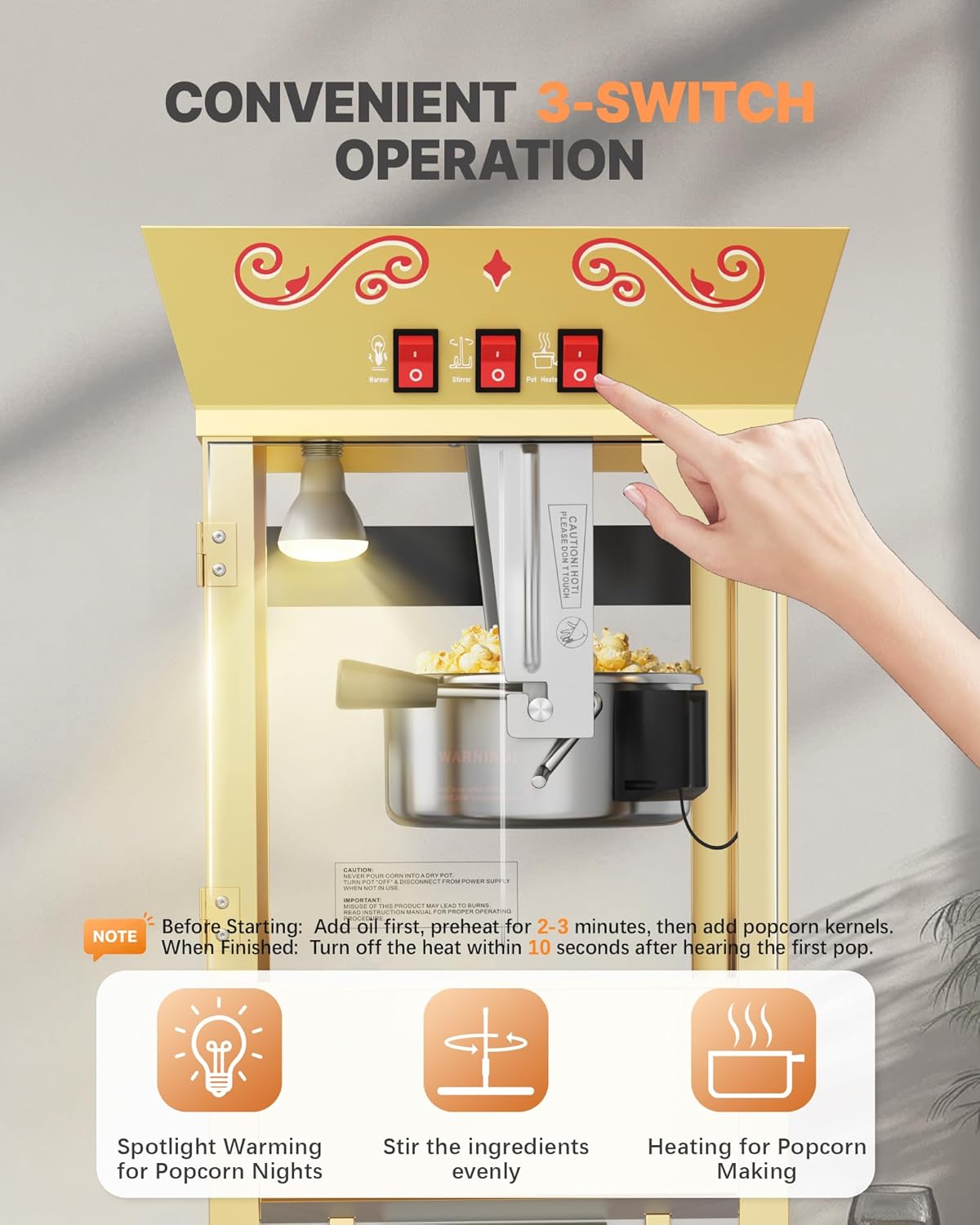 12 oz Upgraded Popcorn Machine Cart, Popcorn Maker Machine with Stainless-Steel Kettle Makes Up to 48 Cups, Movie Theater Pop Corn Machine with 3-Switch Control & Tempered Glass Doors, Red