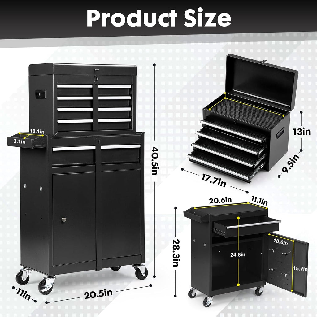 Dawmilon 5-Drawer Rolling Tool Chest with Wheels - High Capacity Tool Cabinet with Detachable Top Toolbox for Garage and Workshop Organization - Metal Tool Cart with Liner & 4 Hooks, Black