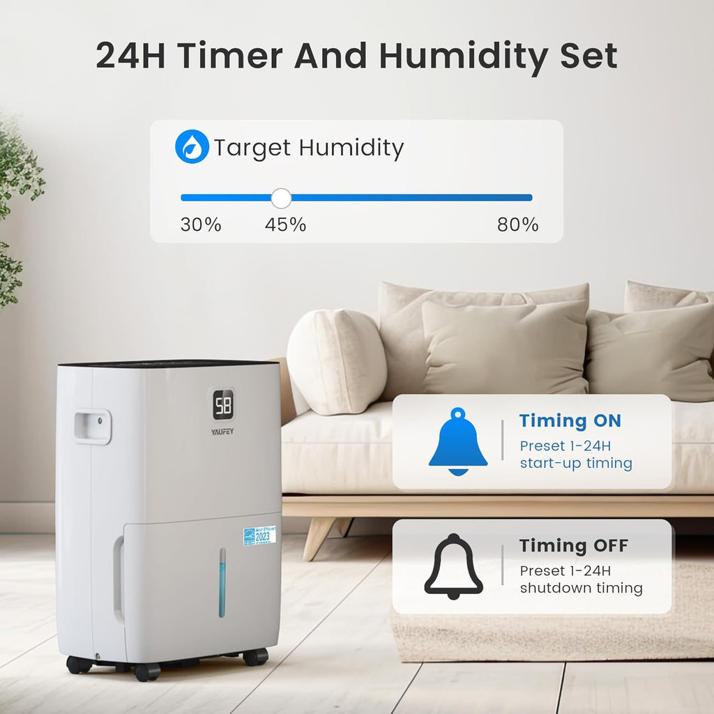 Yaufey 80 Pints Energy Star Dehumidifier for Home, Basement and Large Room up to 5500 Sq. Ft., with Drain Hose, Timer, Intelligent Humidity Control and Large Water Tank