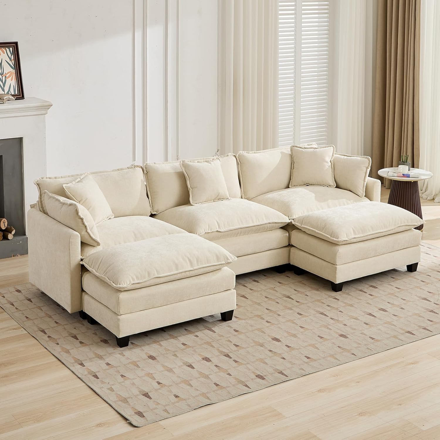 111.5" Beige Modular Sectional Sofa, 3 Seater Large Sectional Couches for Living Room, Ivory Off-White Chenille Fabric Oversized Cloud Couch with Ottoman, Modern Sofas Set, Sofas para Sala, U Shaped