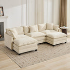 111.5" Beige Modular Sectional Sofa, 3 Seater Large Sectional Couches for Living Room, Ivory Off-White Chenille Fabric Oversized Cloud Couch with Ottoman, Modern Sofas Set, Sofas para Sala, U Shaped