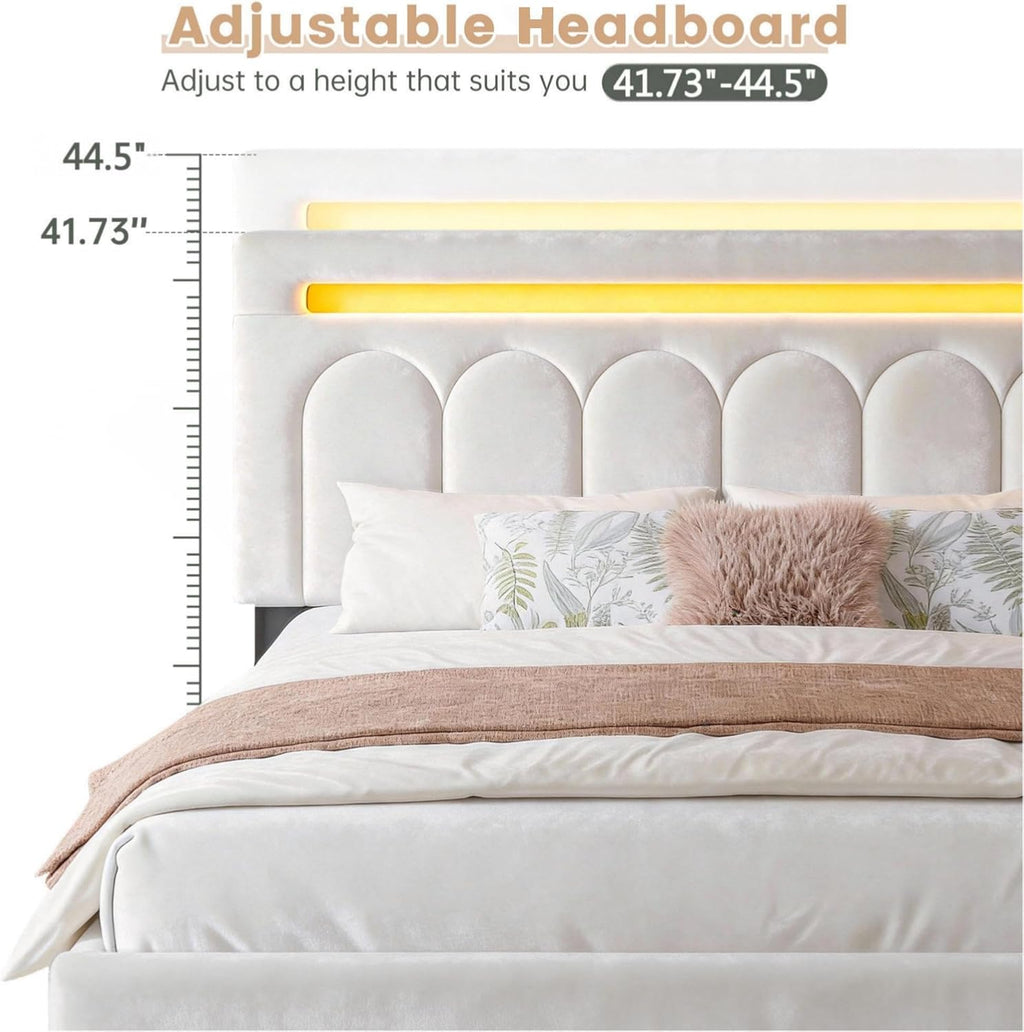 Velvet Upholstered King Size Bed Frame with 4 Storage Drawers, Vertical Arched LED Headboard, Sturdy Wood Slats Support, No Box Spring Needed, Beige