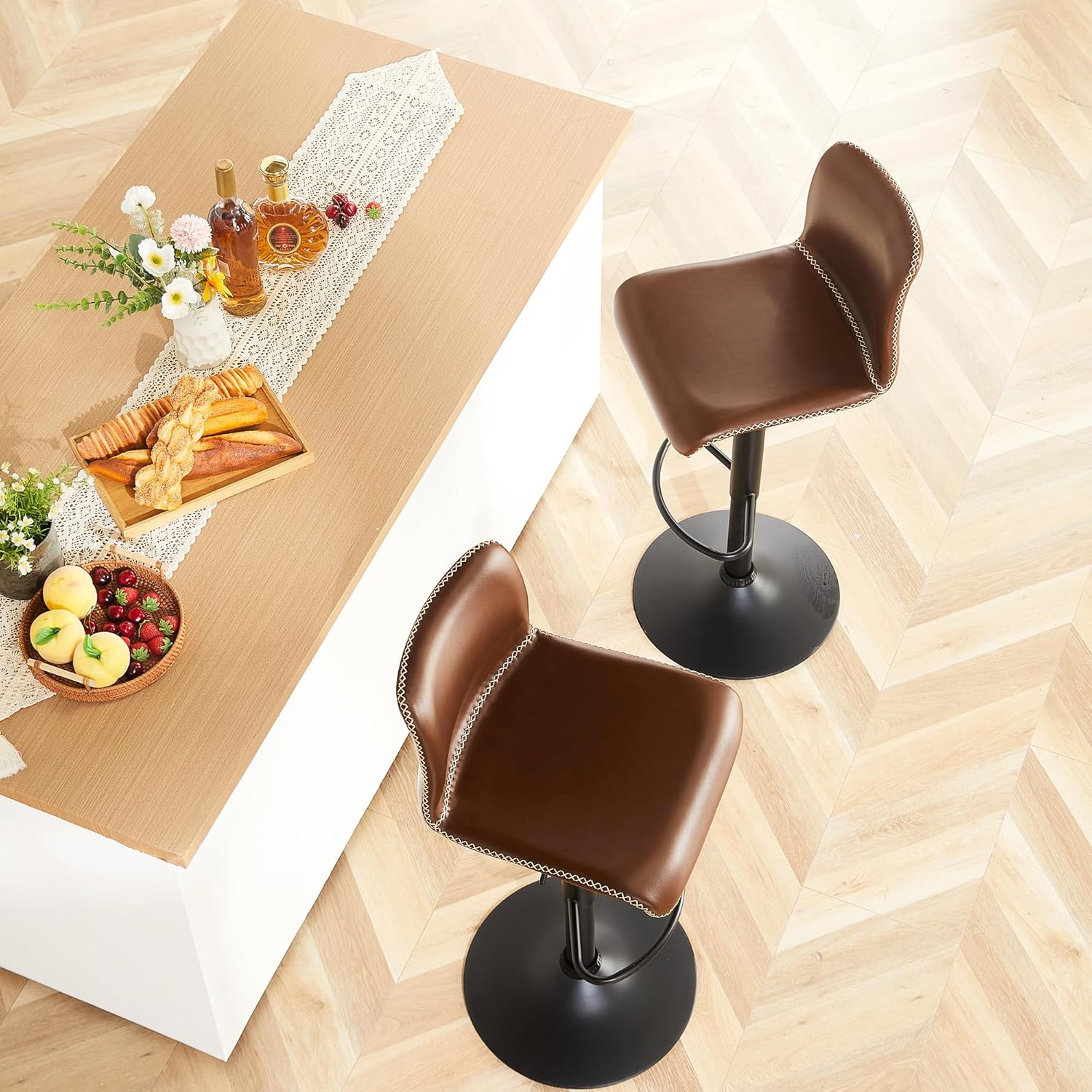 HeuGah Swivel Bar Stools Set of 4, Counter Height Bar Stools with Back, Adjustable Bar Stools 24" to 32", Brown Faux Leather Bar Chairs for Kitchen Island (Brown, Set of 4 (24'' to 32''))