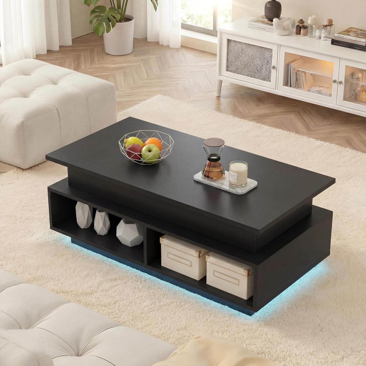 YESHOMY 40" Lift Top Coffee Table with Hidden Storage & Multi-Color LED Lights, Modern Square Wood Table with 4 Open Shelves for Living Room and Small Space, Black