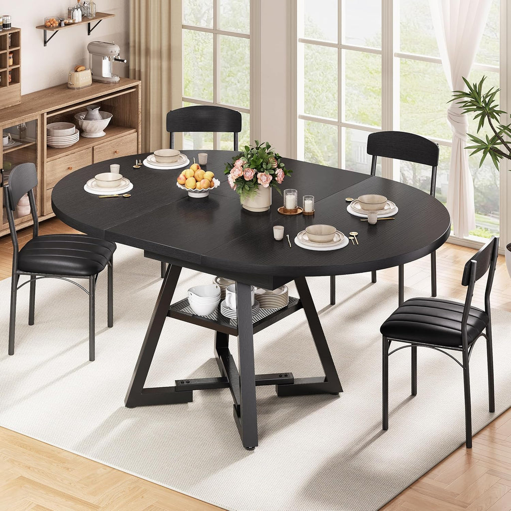 43‘’-57‘’ Extendable Round Dining Table for 4-6, Modern Industrial Kitchen Oval Dining Table with Removable Leaves, Space Saving Pedestal Base with Storage Shelf for Kitchen Living Room (Black)