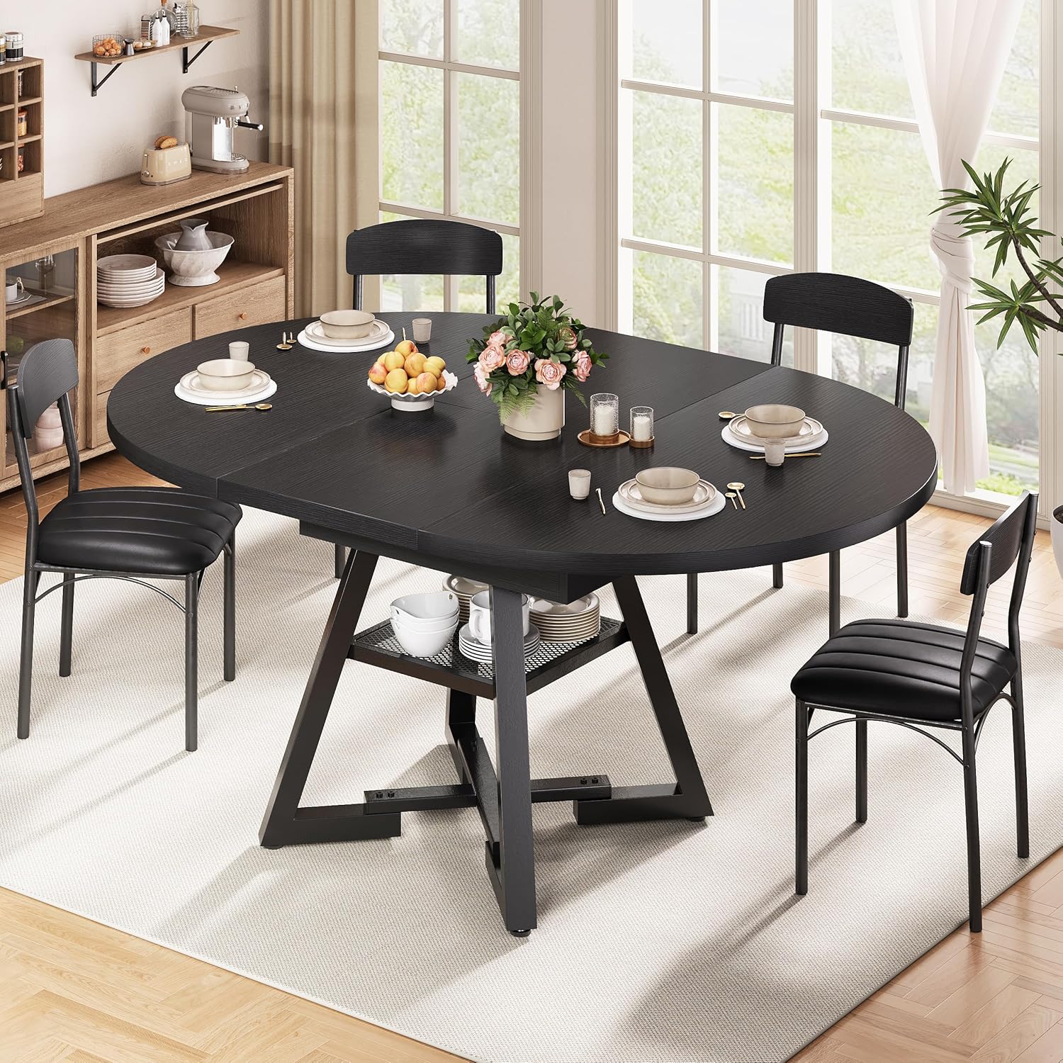 43‘’-57‘’ Extendable Round Dining Table for 4-6, Modern Industrial Kitchen Oval Dining Table with Removable Leaves, Space Saving Pedestal Base with Storage Shelf for Kitchen Living Room (Black)