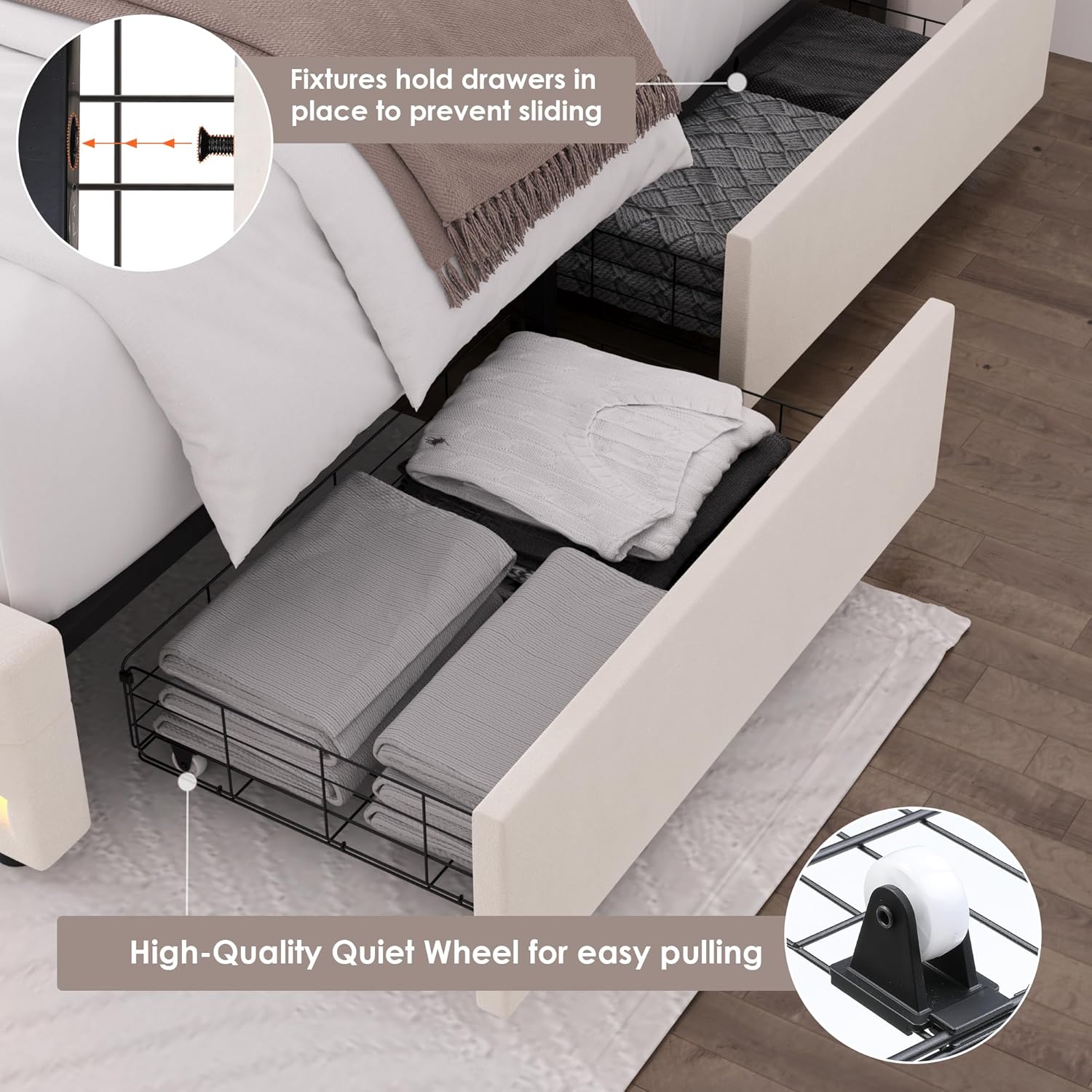 HIFIT Queen LED Bed Frame with Charging Station and 2 Storage Drawers, Velvet Upholstered Platform Bed with Handcrafted Crystal Button Wingback Headboard, Metal Frame with No Box Spring Needed, Beige