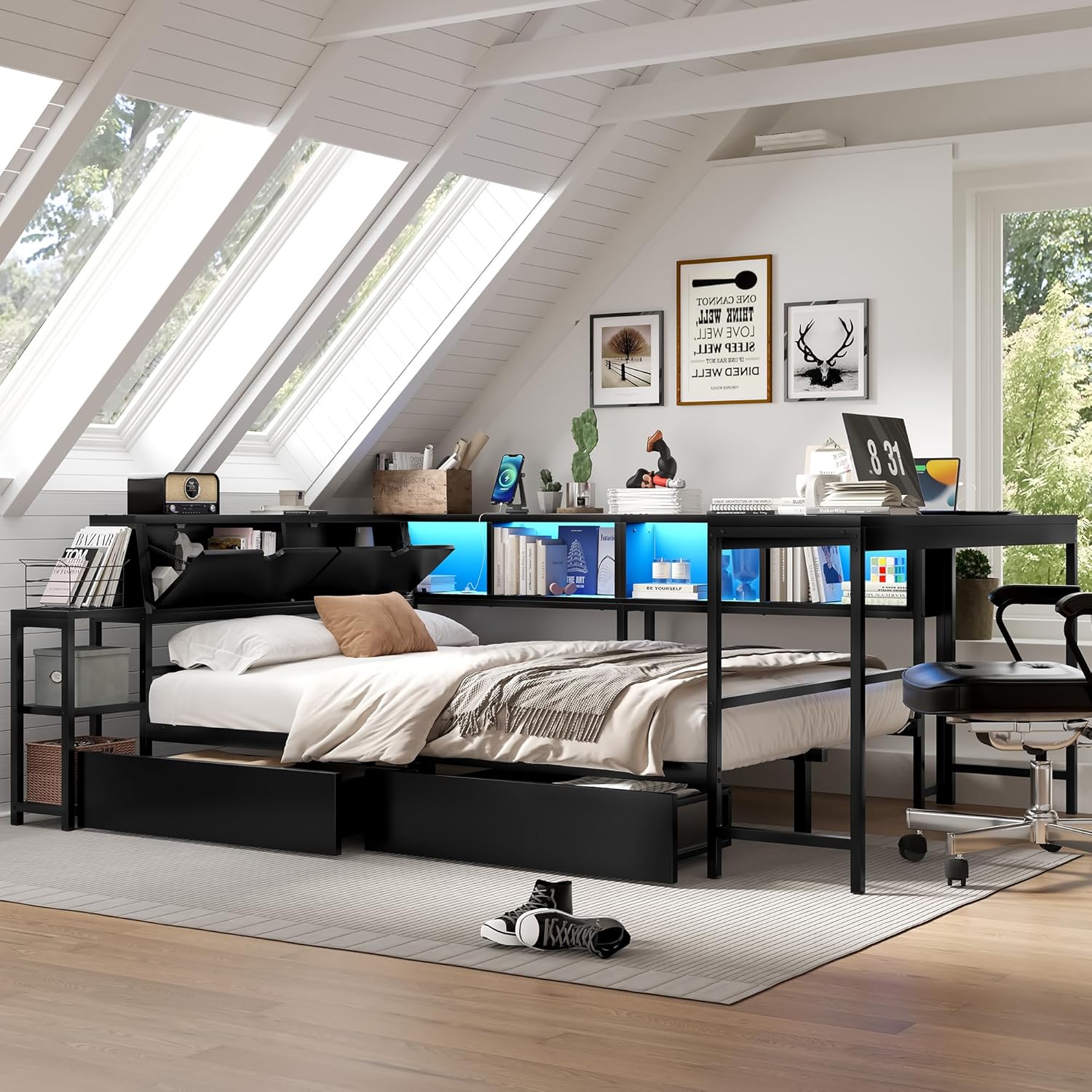 Bellemave Twin Corner Bed Frame with Desk and Storage, Twin Captains Bed with Charging Station,LED Light, Wood Daybeds with L-Shaped Bookcase and 2 Drawers, Black