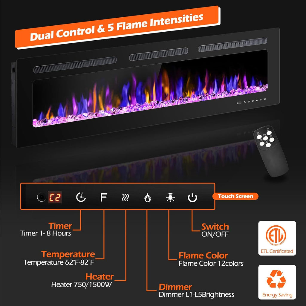 60" Electric Fireplace Wall Mounted and Recessed with Remote Control, 750/1500W Ultra-Thin Wall Fireplace Heater W/Timer Adjustable Flame Color and Brightness, Log Set & Crystal Options