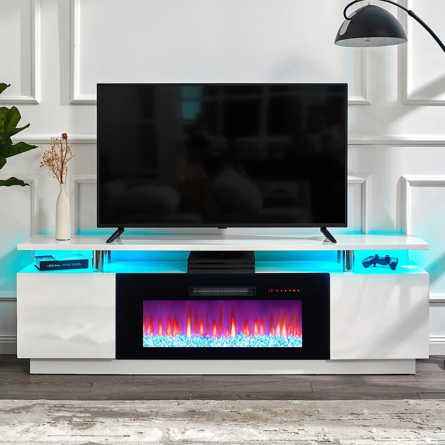 AMERLIFE Fireplace TV Stand with 36" Fireplace, 70" Modern Fireplace Entertainment Center LED Lights, 2 Tier TV Console Cabinet for TVs Up to 80", Ivory White