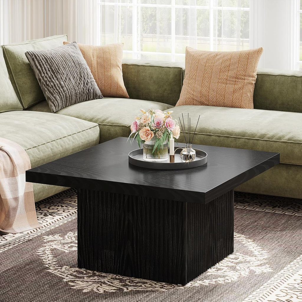 Tribesigns Square Coffee Table, 31.5-Inch Fluted Coffee Table, Mid-Century Modern Living Room Table, Large Cocktail Table for Living Room, Easy Assembly, Black