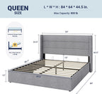 Allewie Queen Size Lift Up Storage Bed, Modern Wingback Headboard, Hydraulic Support, No Box Spring Needed, Light Grey