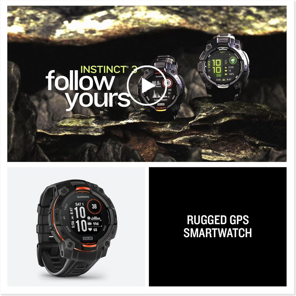 Garmin Instinct® 3 45mm  Solar Charged Display  Rugged Outdoor GPS Smartwatch  Metal-Reinforced Bezel  Built-in Flashlight  Black