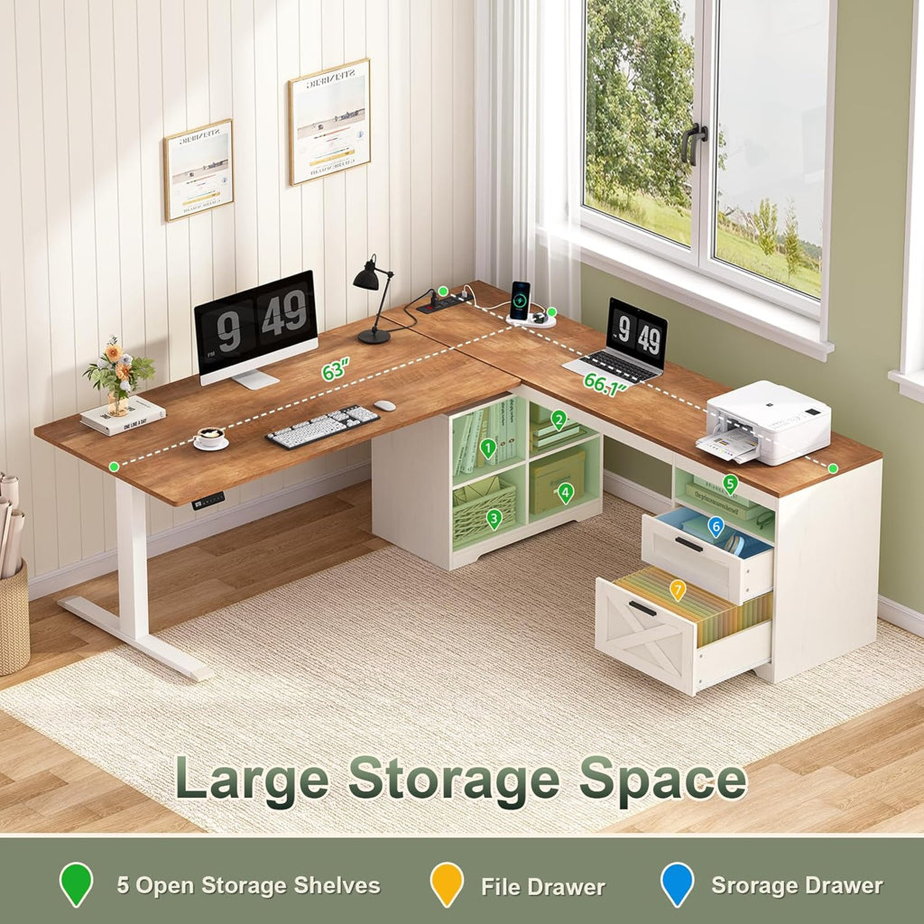 Farmhouse L Shaped Standing Desk, 66 inch Corner Electric Standing Desk with Drawers ＆ Storage Shelves, Height Adjustable Computer Desk with Power Outlets for Home Office, Antique White