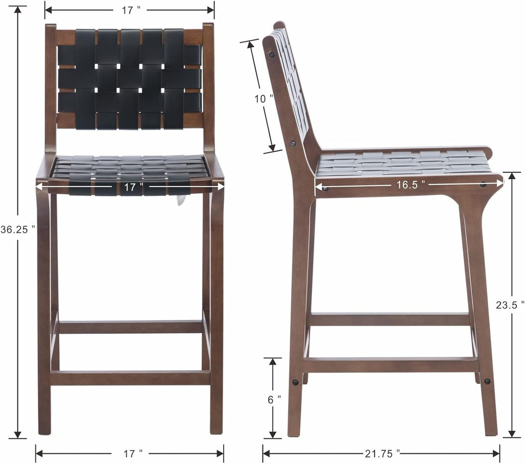 Counter Stools Set of 2 Modern 23.5" Counter Height Barstool with PU Leather Woven Strap Seat & Open Back Walnut Wood Color Chairs with Footrest for Home Bar/Dining Room/Kitchen Island, Black