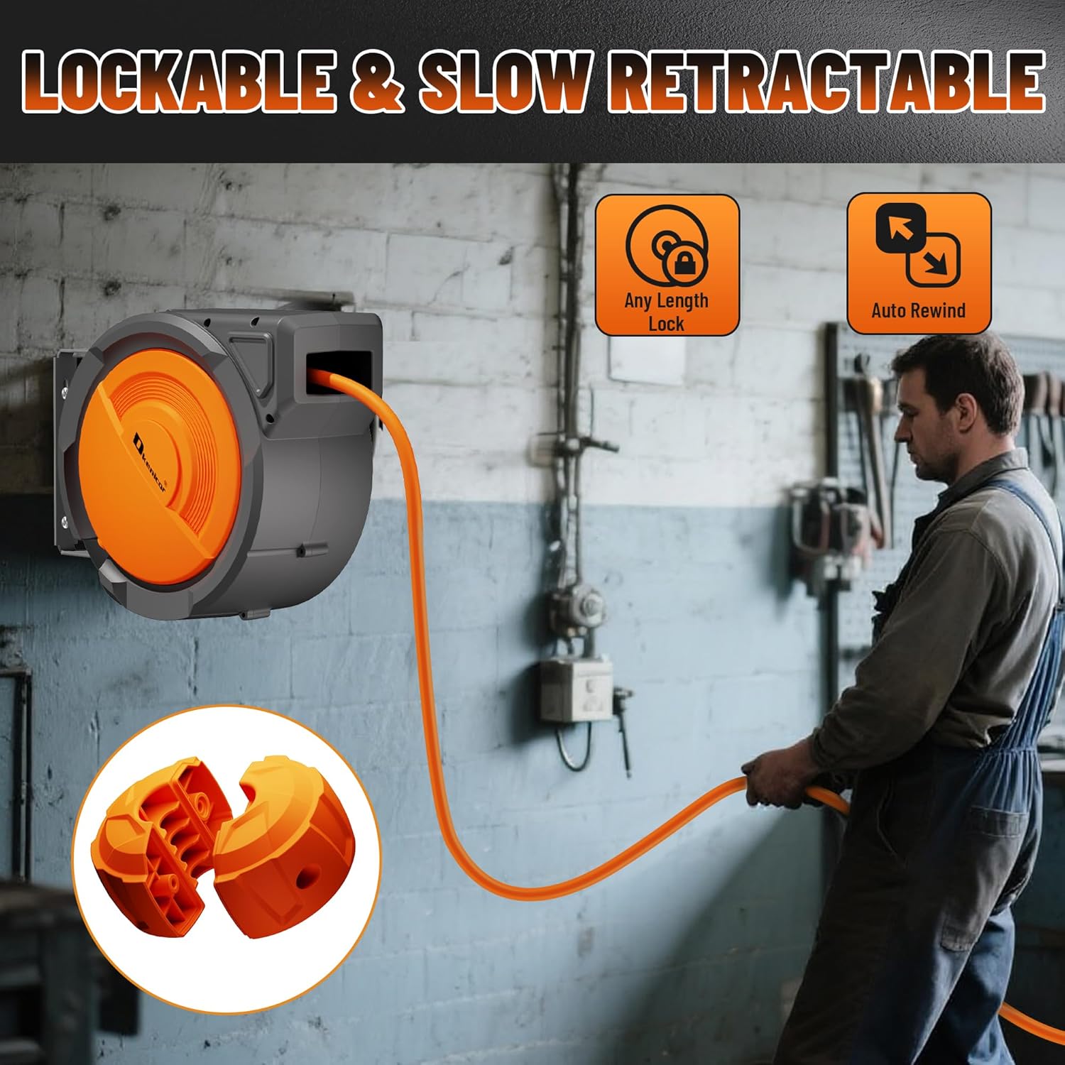 Retractable Air Hose Reel, 3/8" x 80ft Hybrid Hose, Auto Rewind Enclosed Air Compressor Hose Reel with 180° Swivel Bracket, Max 300 PSI Any Length Lock for Garage & Workshop