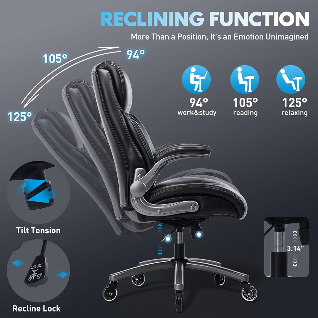 MALOL Ergonomic High-Back Executive Office Chairs, Heavy Duty Home Computer Chair with Lumbar Support, Flip-Up Arms, and PU Leather Upholstery, Black