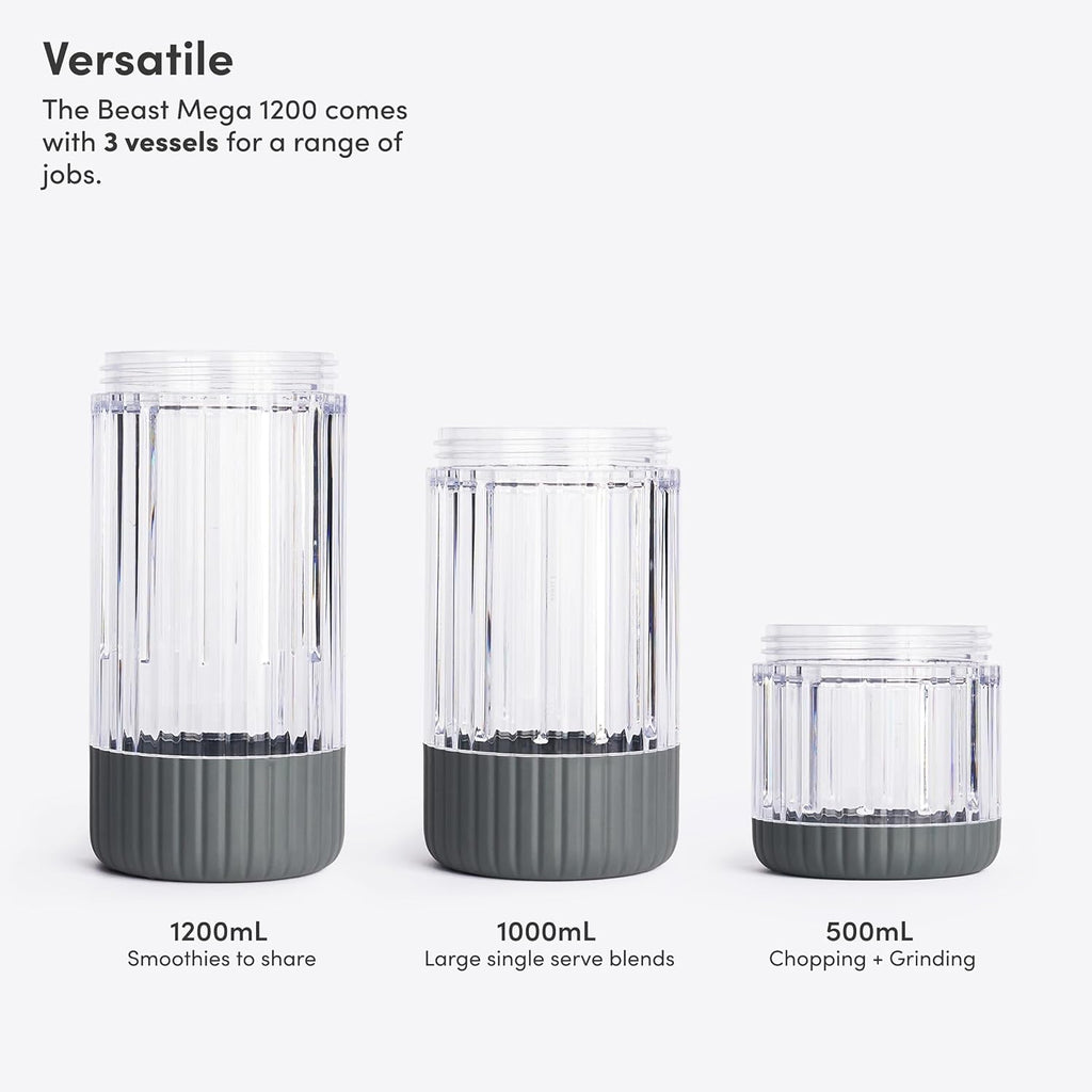 Beast Mega 1200 Plus | Premium Countertop Blender | Smoothies, Shakes, Sauces, Dips, Soups | Blends Ice and Frozen Fruit | XL Vessel | With Extra Vessels, Straw System | (Charcoal, 120V)