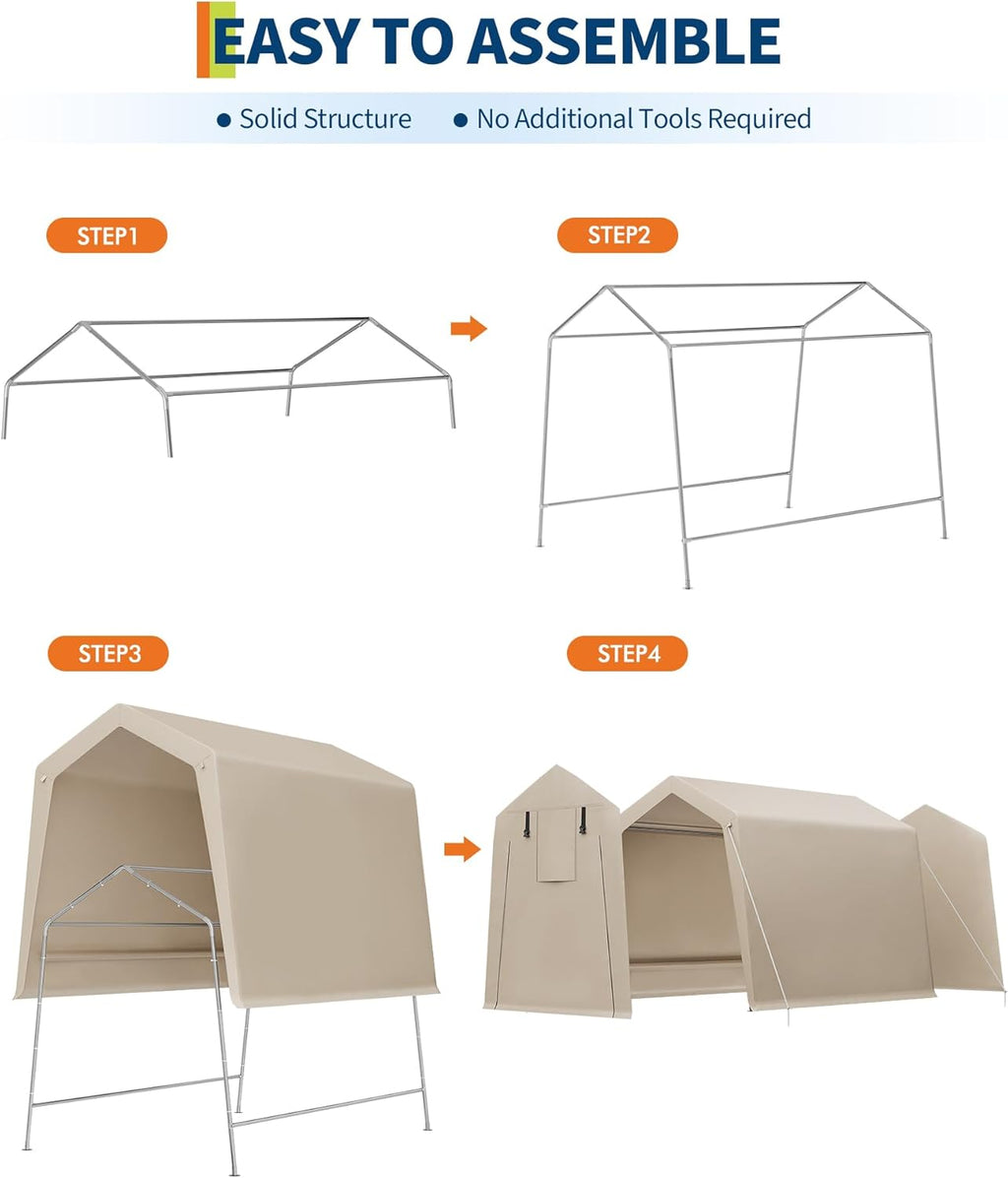 6x8 FT Portable Outdoor Storage Shelter Shed with Roll-Up Zippered Door, Heavy-Duty Waterproof and UV-Resistant Carport Tent, Suitable for Storing Motorcycles, Bicycles, Lawn Mower, Tools Khaki