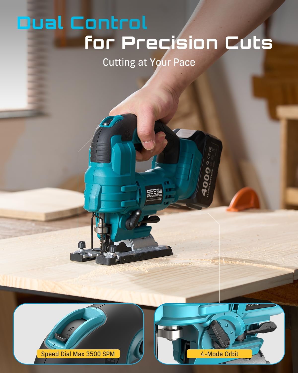 SEESII Brushless Cordless Jigsaw Tool, 2×4.0Ah Batteries, Tool-Free 0–45° Bevel Cutting, 3500 SPM Variable Speed, 4 Orbital Settings, Electric Jig Saw for Woodworking & DIY Projects & Home Use