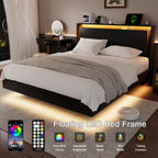 Bed Frame Queen Size with LED Lights & Charging Station – Kids Wood Floating Queen Bed Frame with Storage Headboard, Adhesive Slats, Kick-Free & Noise-Free Design, Easy Assembly, Black