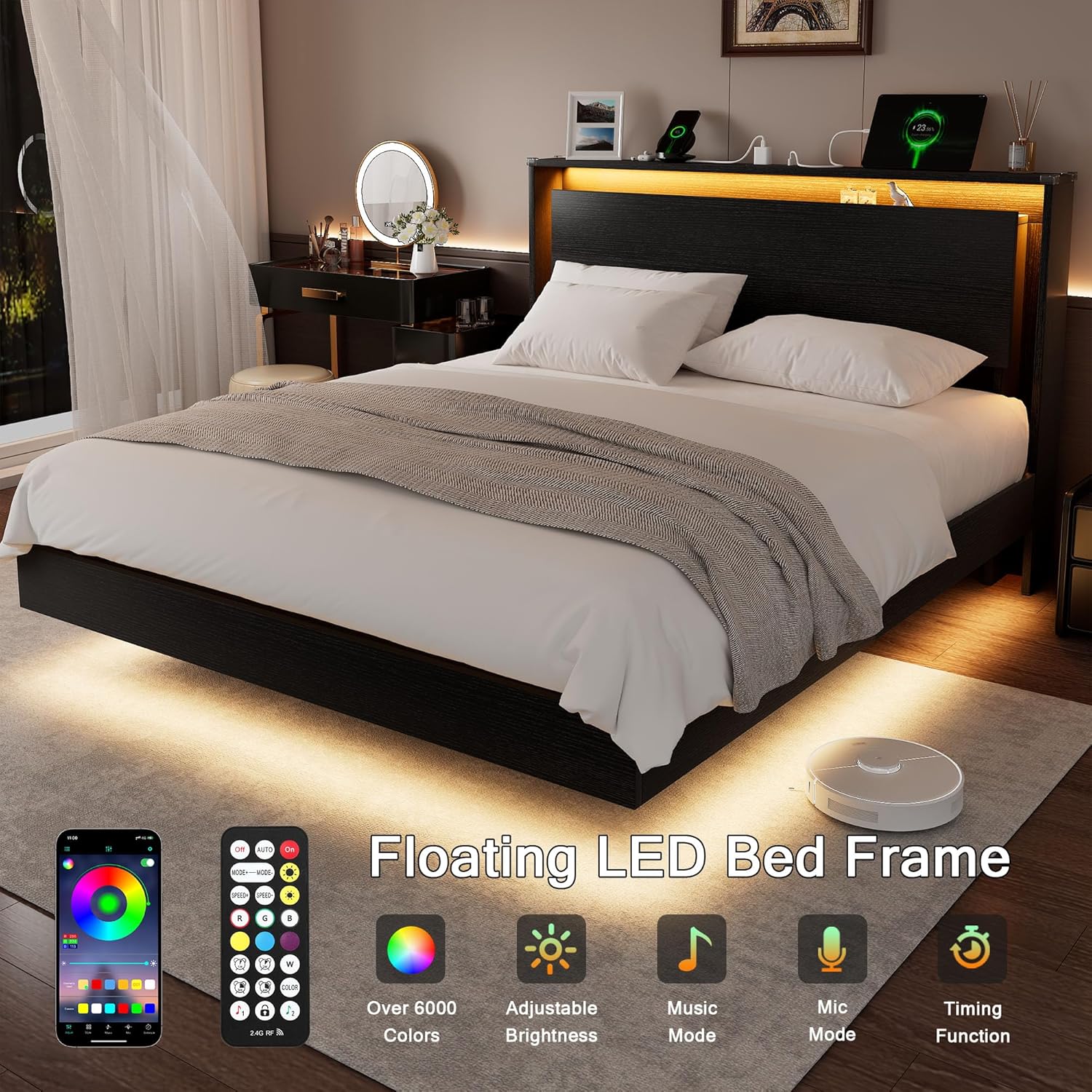 Bed Frame Queen Size with LED Lights & Charging Station – Kids Wood Floating Queen Bed Frame with Storage Headboard, Adhesive Slats, Kick-Free & Noise-Free Design, Easy Assembly, Black