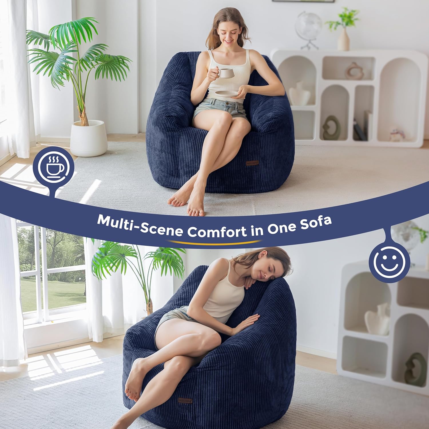 MAXYOYO Bean Bag Chair, Bean Bag Sofa with Filler, Cozy Living Room Chair for Adults and Kids, Stuffed Floor Sofa for Bedroom Dorm Reading, Navy