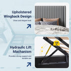Allewie Queen Size Lift Up Storage Bed Frame, Hydraulic Support System, Upholstered Platform Bed Frame, Underneath Storage, Vertical Channel Tufted Headboard with Wingback, No Box Spring Needed, Grey