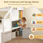 KOMFOTT Wood Twin Over Twin Low Bunk Bed with Storage Staircase, Wooden Bunk Bed Frame with Full-Length Guardrails, Low Profile Kids Bed with Slats Support, No Box Spring Needed (White)