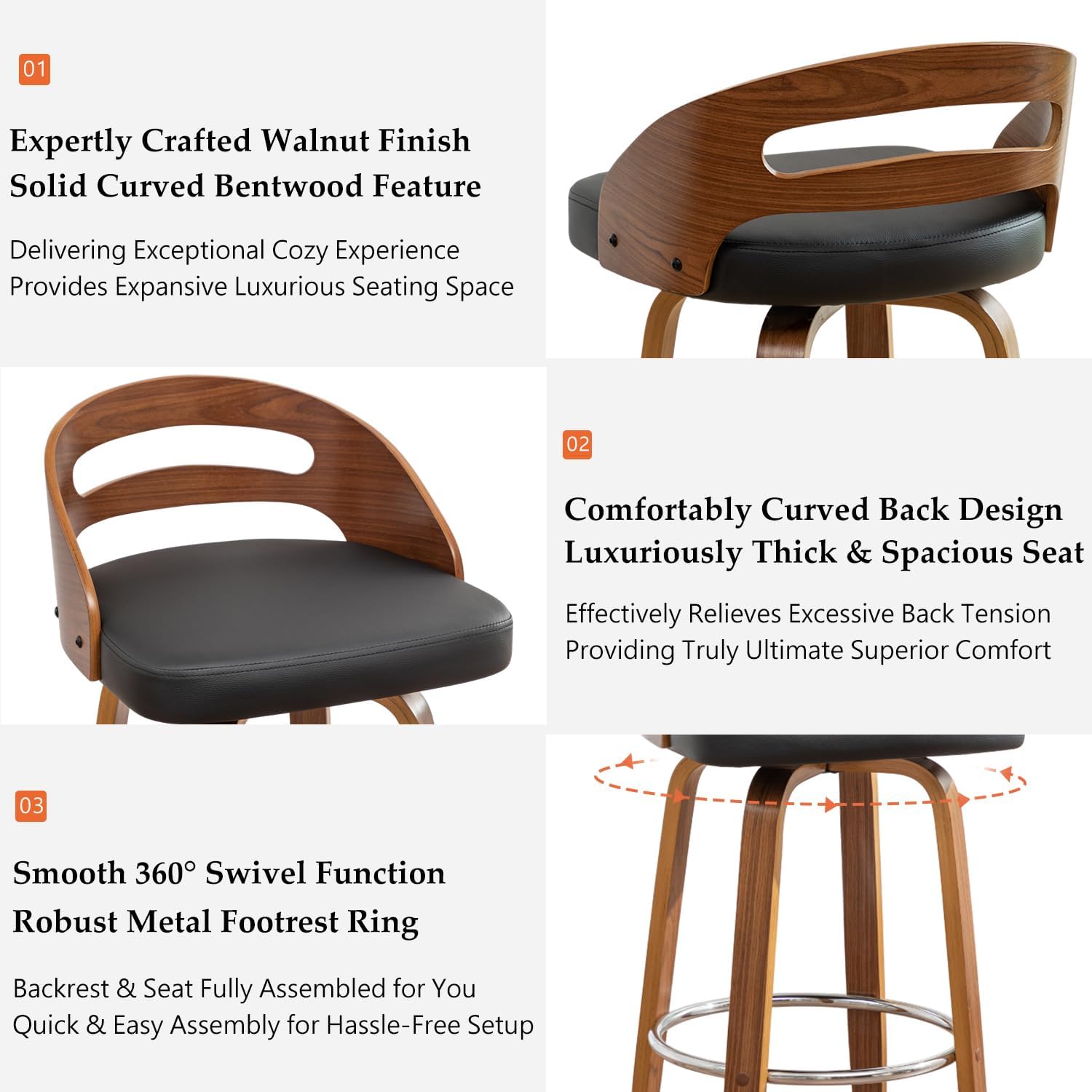 Swivel Bar Stools Set of 3, 30 inch Mid Century Bar Stools with Bentwood Curved Back, Walnut Craftsmanship, Upholstered Faux Leather, Bar Height BarStools for Bar/Cafe/Pub (Black, 30" Seat Height)