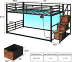 ADORNEVE Low Bunk Bed Twin Over Twin with Storage Staircase, Drawers & Shelves, RGB LED Lights Metal Floor Bunk with Power Outlet, Full-Length Guardrail & Metal Slats, for Small Space, Kids, Black