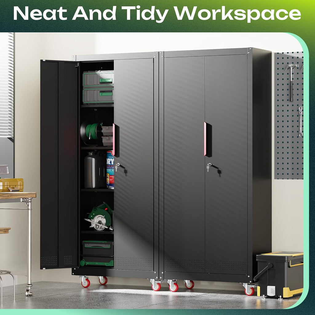 Kelueo 71" H Garage Storage Cabinet with Wheels,Metal Cabinets with 4 Adjustable Shelves and 2 Locking Doors for Garage,Home,Office,Shop,Black